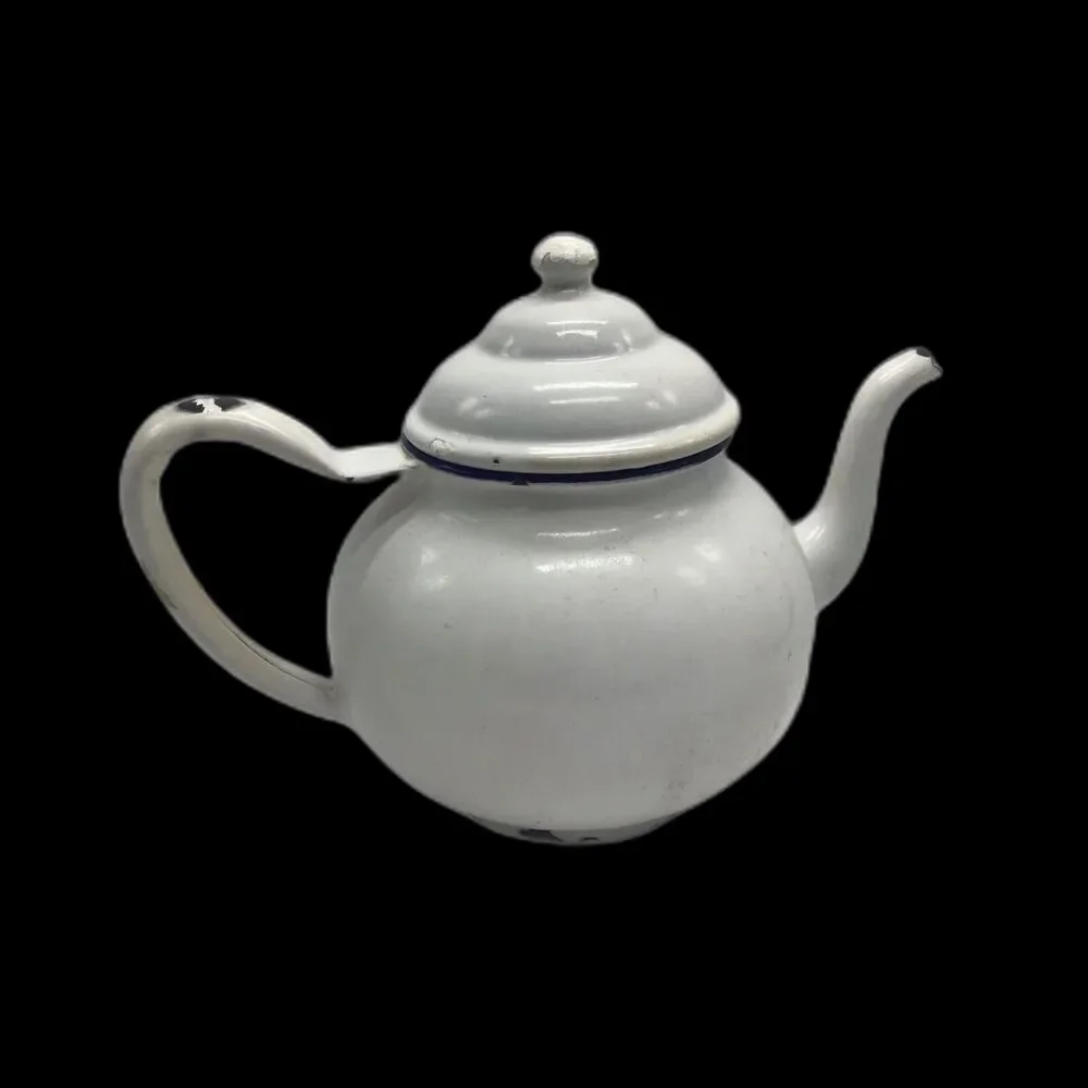 Vintage White Enamel Teapot Blue Rim Kettle Farmhouse Cottagecore Decor